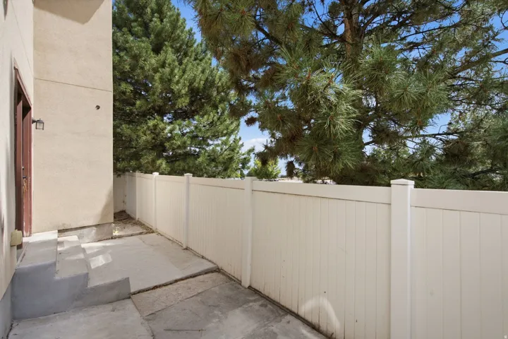 Private patio with concrete surfacing, steps, and a permanent vinyl fence