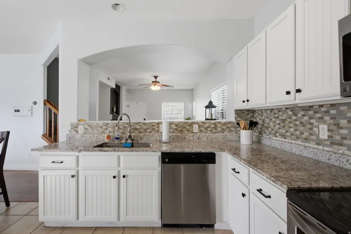 White cabinetry with black hardware, mosaic tile backsplash, stainless steel dishwasher, and a dual-basin sink with a gooseneck faucet
