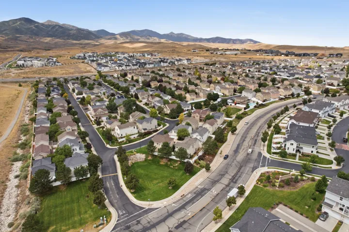 Aerial view showcasing a master-planned community with tree-lined streets, manicured green spaces, and curved residential streets