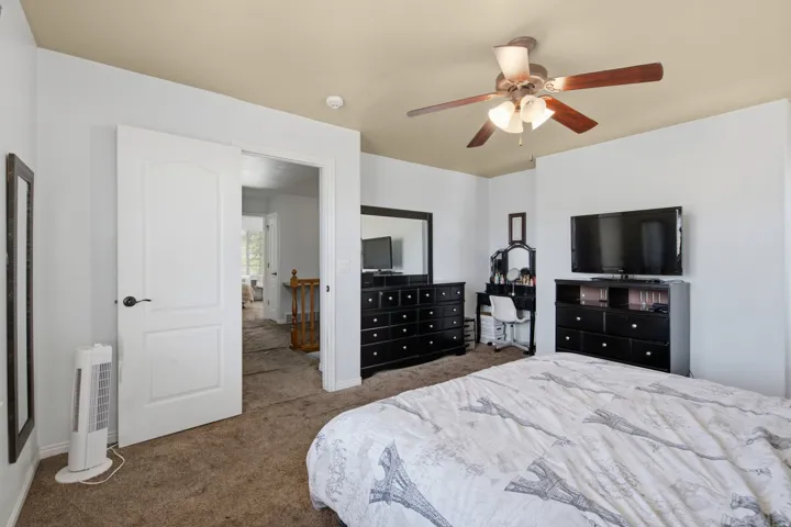 Recessed lighting, ceiling fan with integrated lighting, and carpet flooring