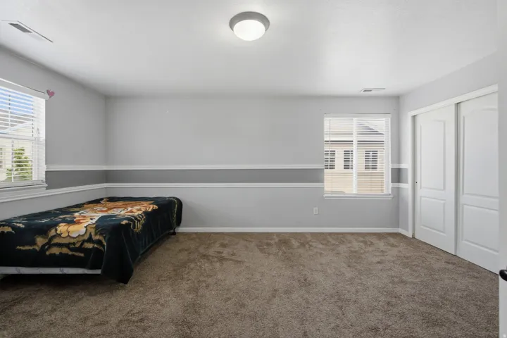 Plush carpet flooring, dual windows with blinds, a white ceiling light fixture, and white sliding closet doors