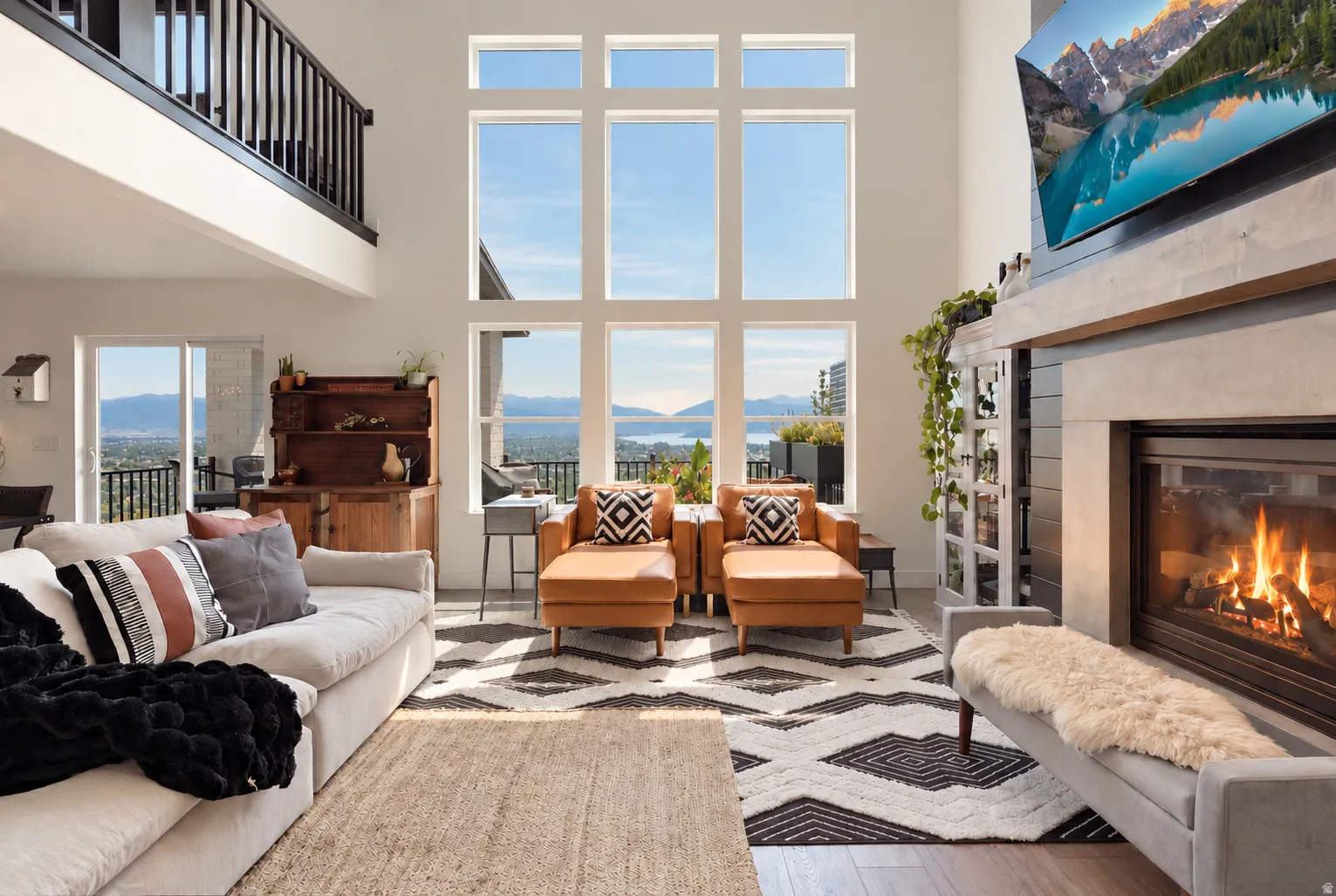 Double-height ceiling, floor-to-ceiling windows, open balcony with black railing, built-in fireplace, and wood-finish flooring