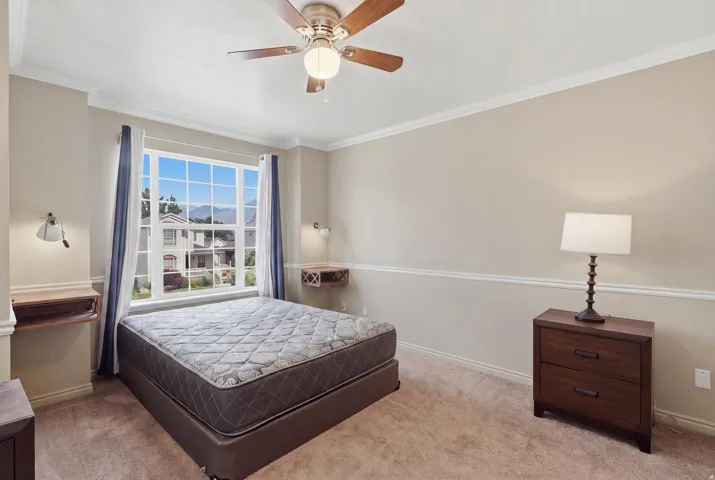 Expansive window with grid panes, crown molding, chair rail molding, ceiling fan with integrated lighting, and carpet flooring