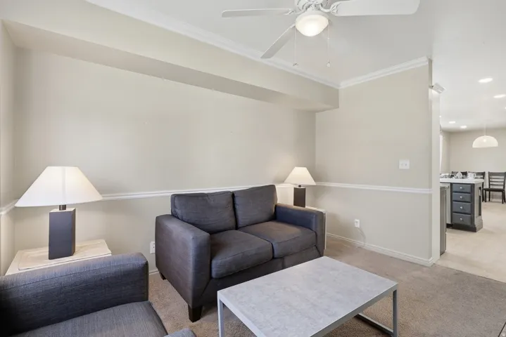 Crown molding and chair rail detailing in the living area