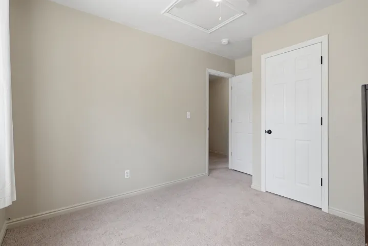 Neutral wall paint and plush carpet flooring