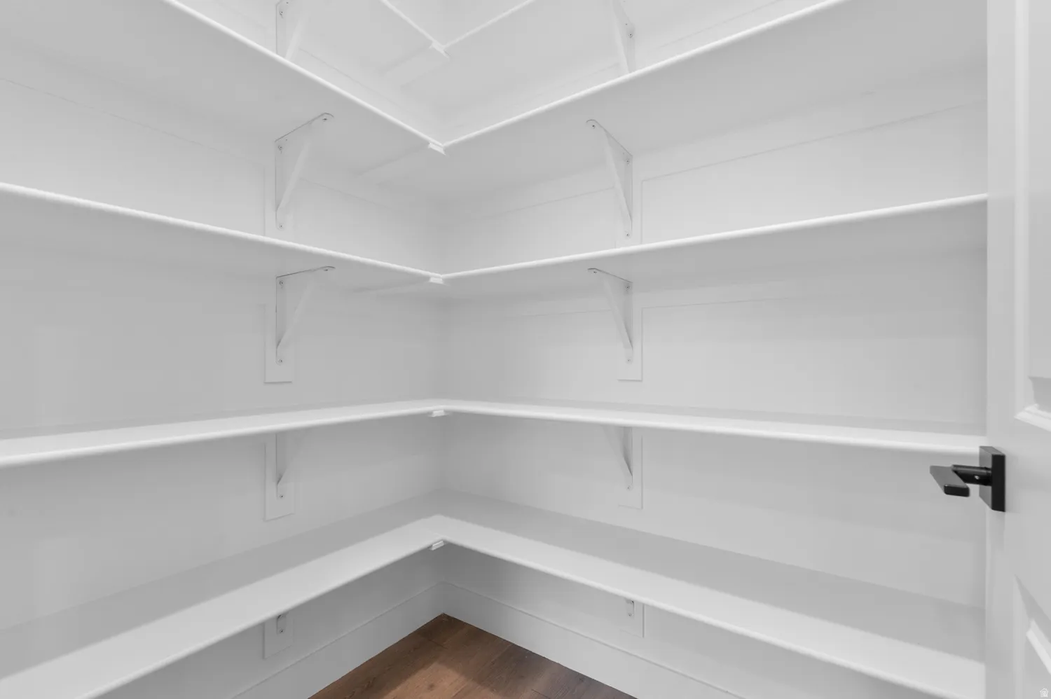 Walk-in pantry featuring white shelving, wood-finish flooring, and a black door handle