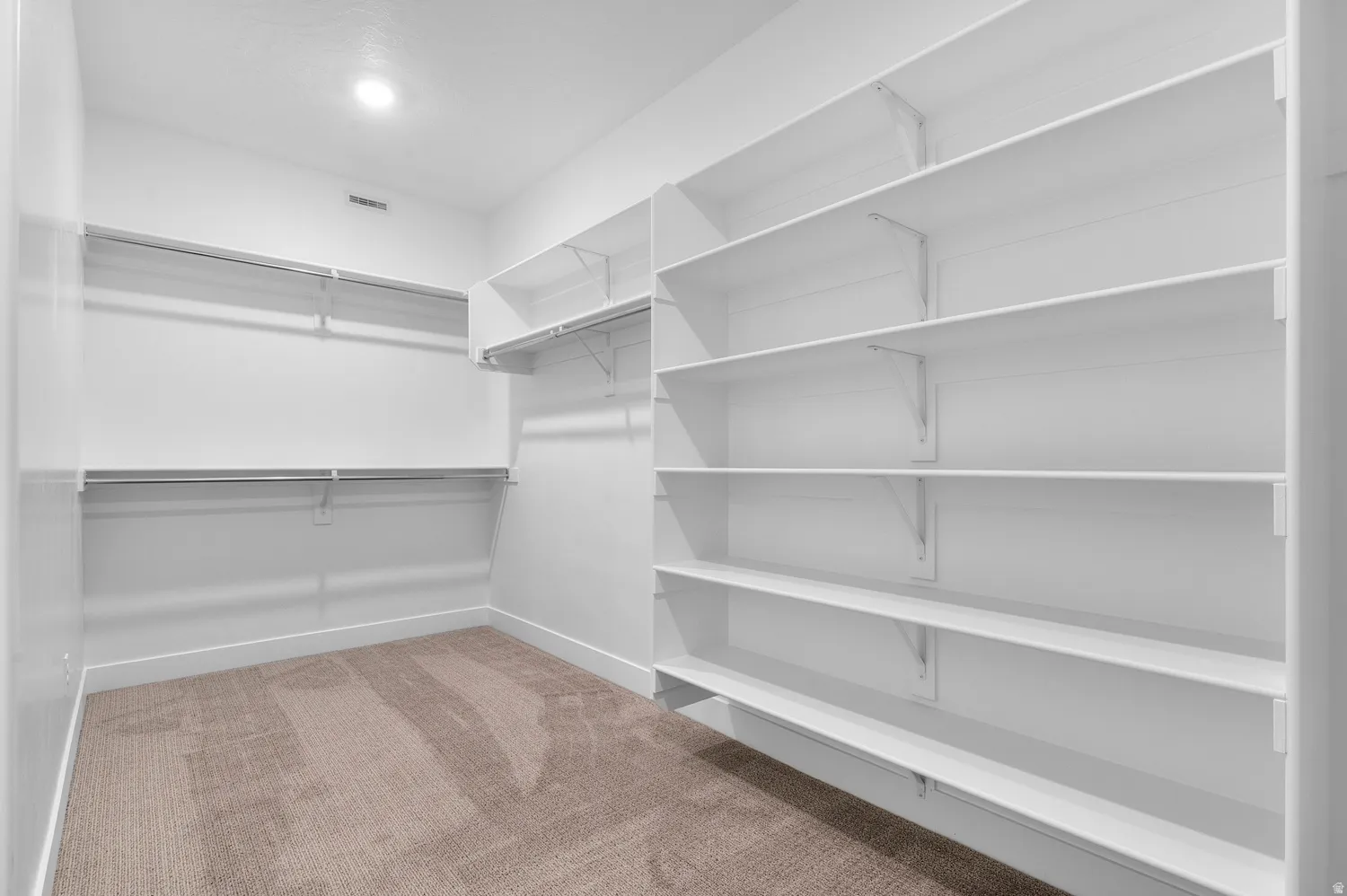 White built-in shelving, dual hanging rods, and carpet flooring