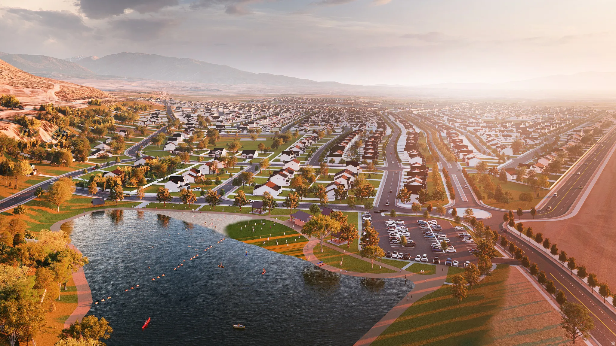Manicured community with a central lake, sandy shoreline, and organized parking area