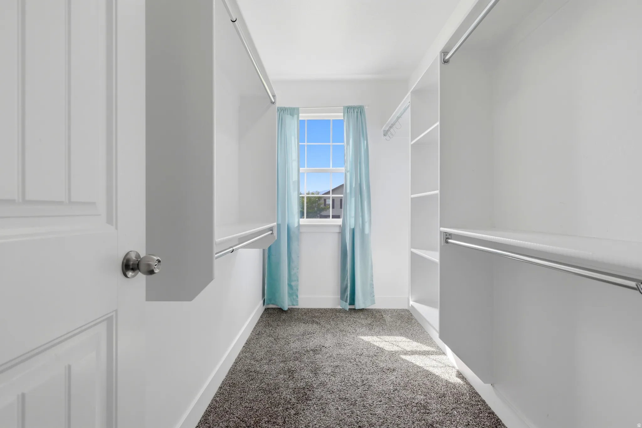 Custom closet system with white shelving, hanging rods, and dark gray carpet