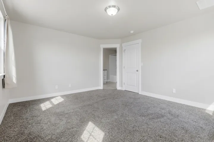 Spacious room featuring neutral walls, gray carpet, a flush mount ceiling light, and a white paneled door