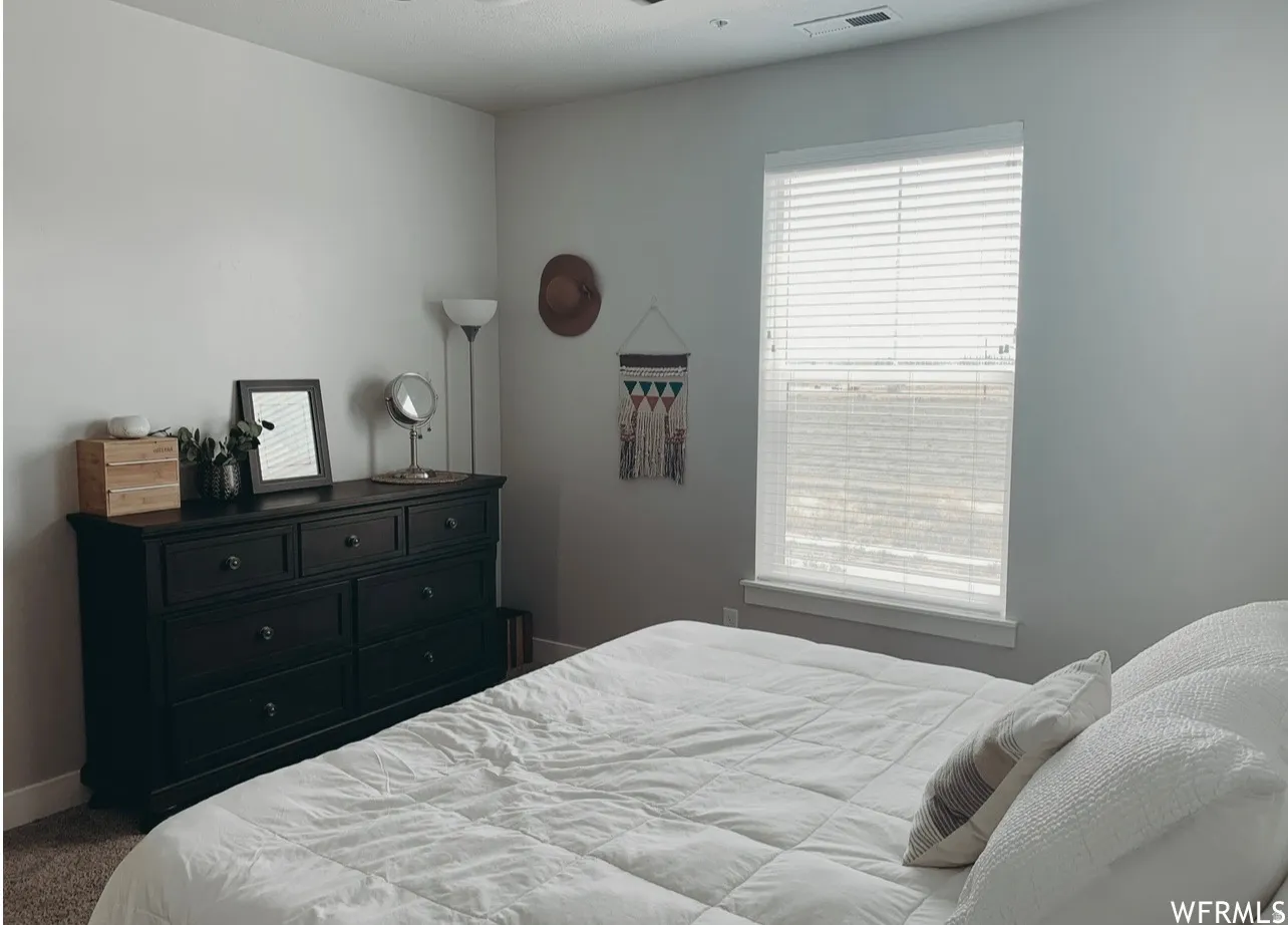 Single window with white blinds, light-colored walls, and carpeting
