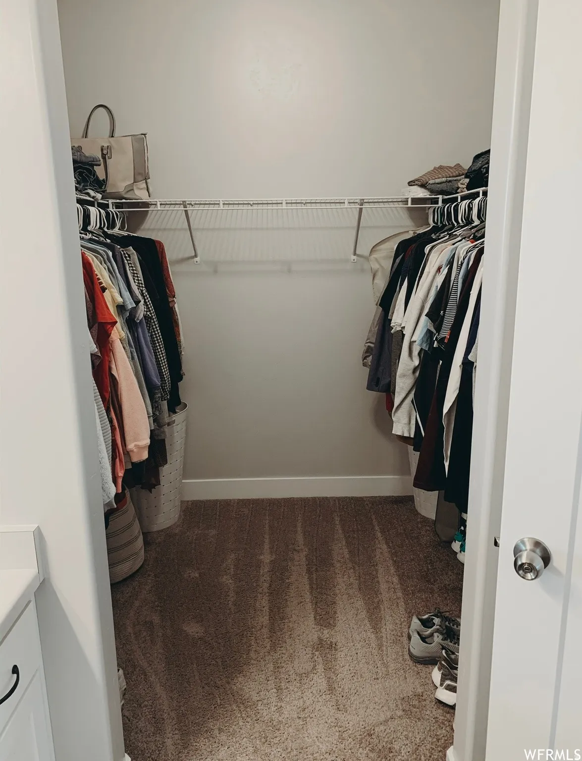 Walk-in closet with carpet flooring, white walls, and built-in wire shelving