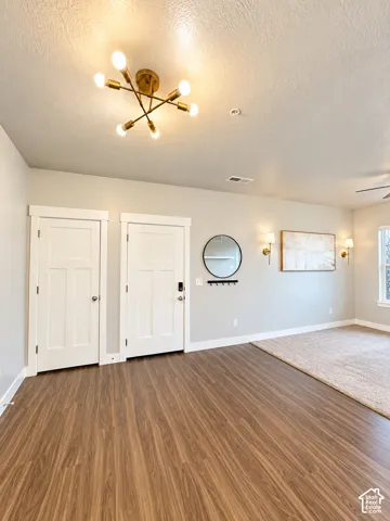 Wood-finish flooring with an area rug, white interior doors, and a decorative ceiling light fixture