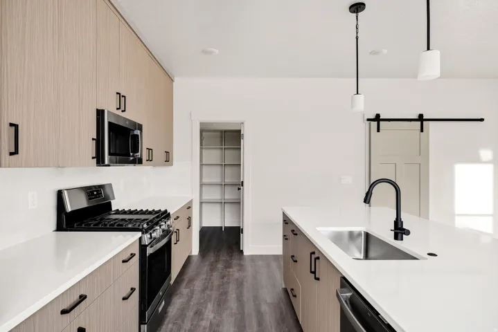Modern kitchen featuring light wood-finish cabinetry, white countertops, and dark wood-finish flooring