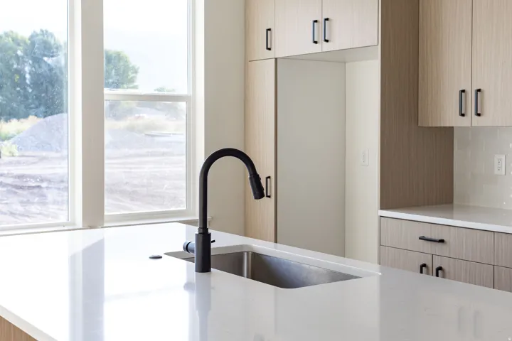 Stainless steel undermount sink with a matte black gooseneck faucet
