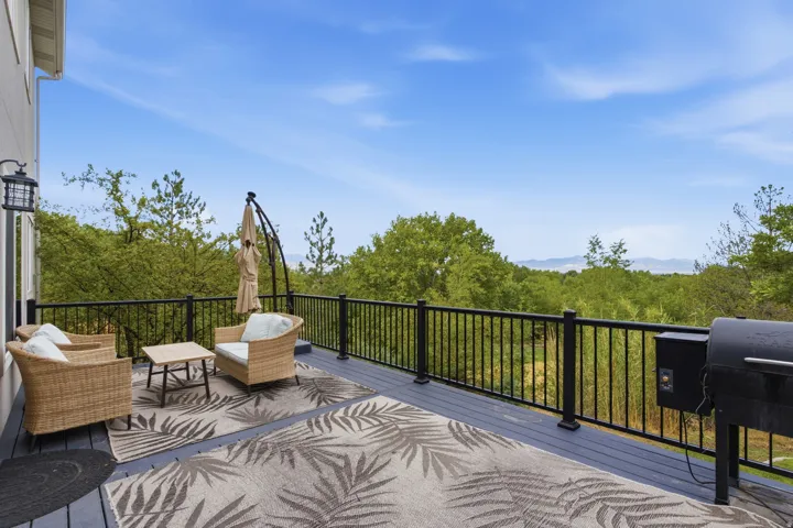 Expansive outdoor deck featuring dark gray composite decking and black metal railings