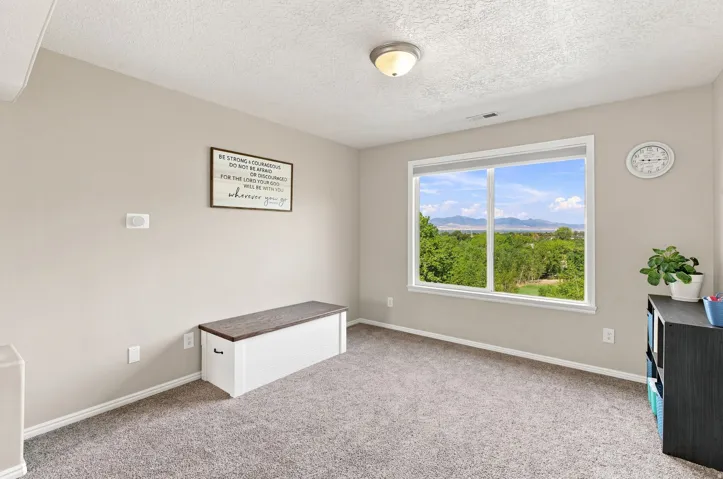 Carpeted room with a large window, neutral wall paint, and a semi-flush mount ceiling light