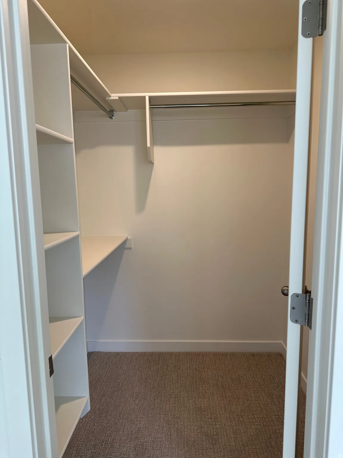 Built-in shelving, integrated hanging rods, and neutral-toned carpeting