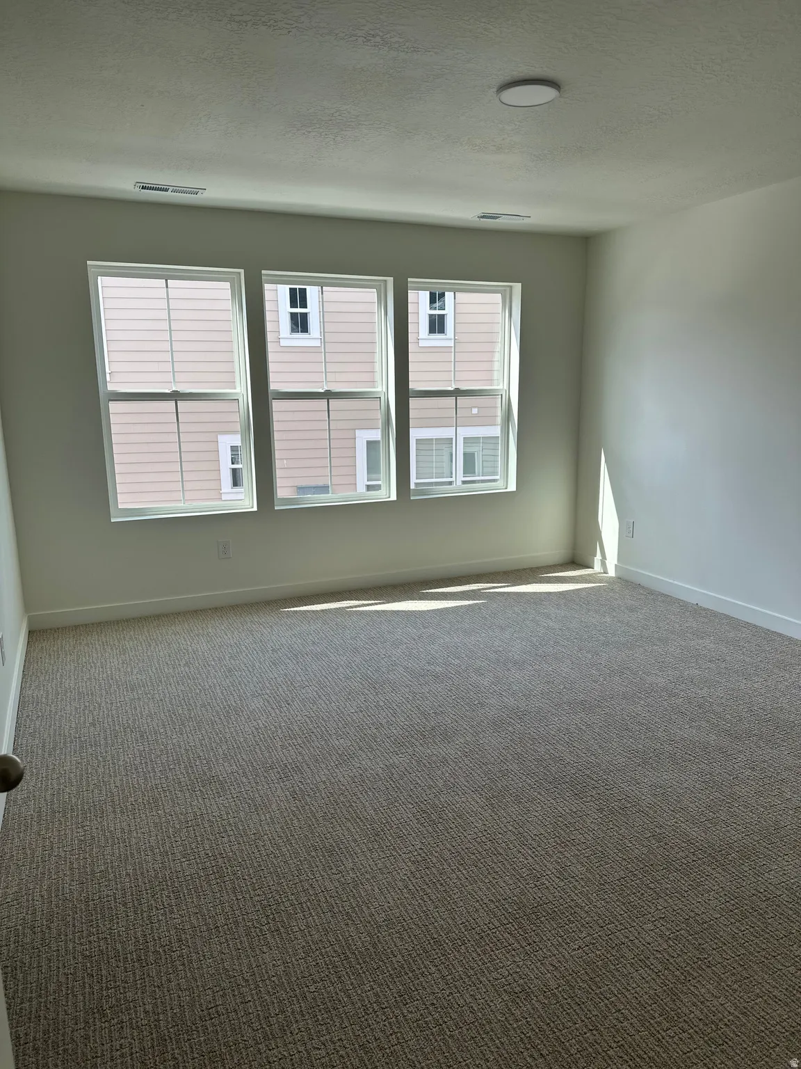 Neutral tone wall paint, textured carpet flooring, three windows with white frames, and a flush-mount ceiling light