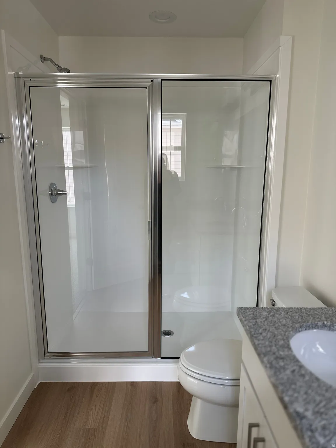 Shower stall with sliding glass doors, chrome fixtures, recessed lighting, wood-finish flooring, and a granite-look vanity