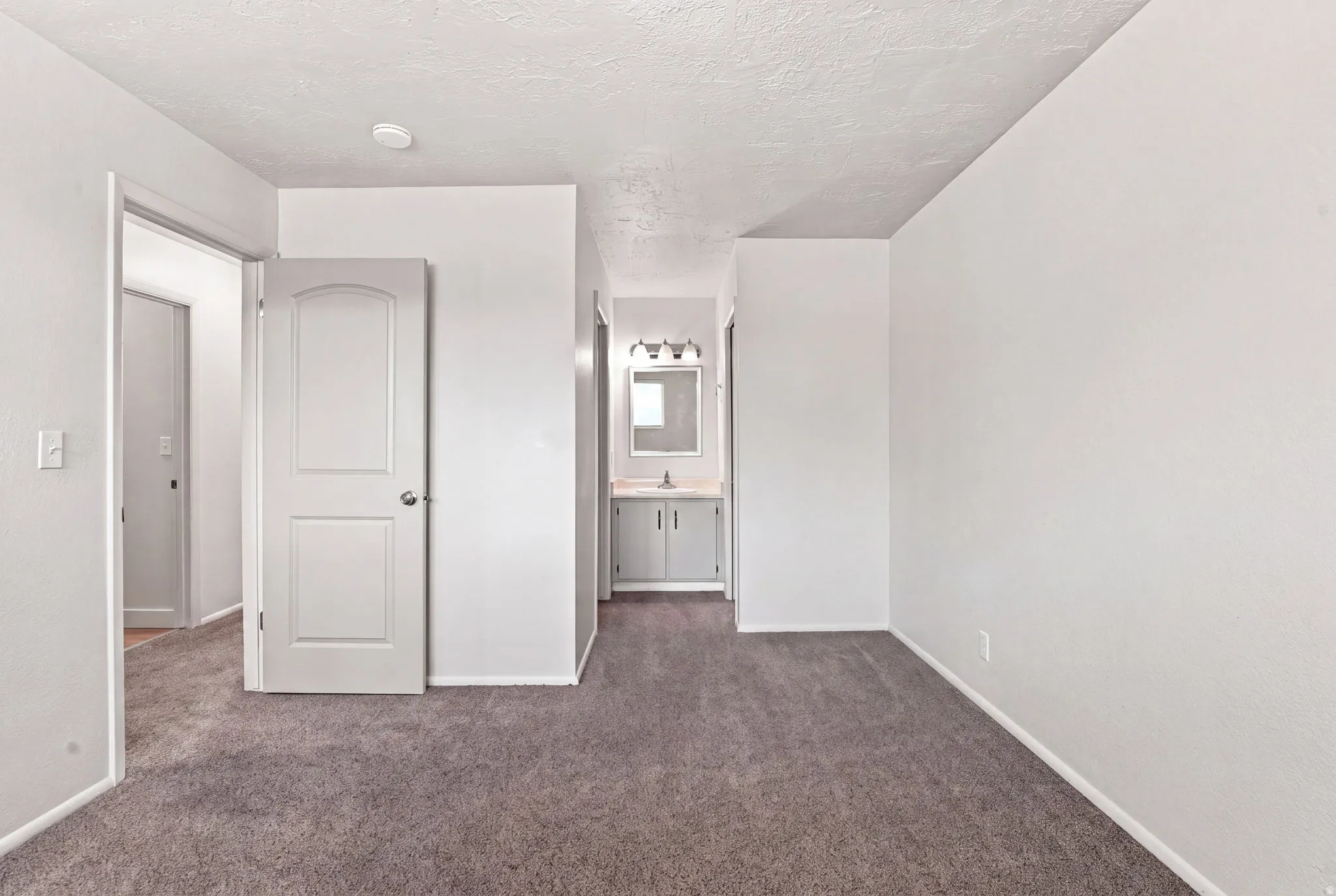 Neutral wall tones, gray carpeting, white interior doors, and a bathroom vanity with a mirror and overhead lighting
