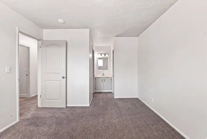 Neutral wall tones, gray carpeting, white interior doors, and a bathroom vanity with a mirror and overhead lighting