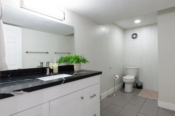 White vanity cabinet with brushed nickel hardware, black countertop, rectangular undermount sink, and a wall-mounted mirror with integrated lighting