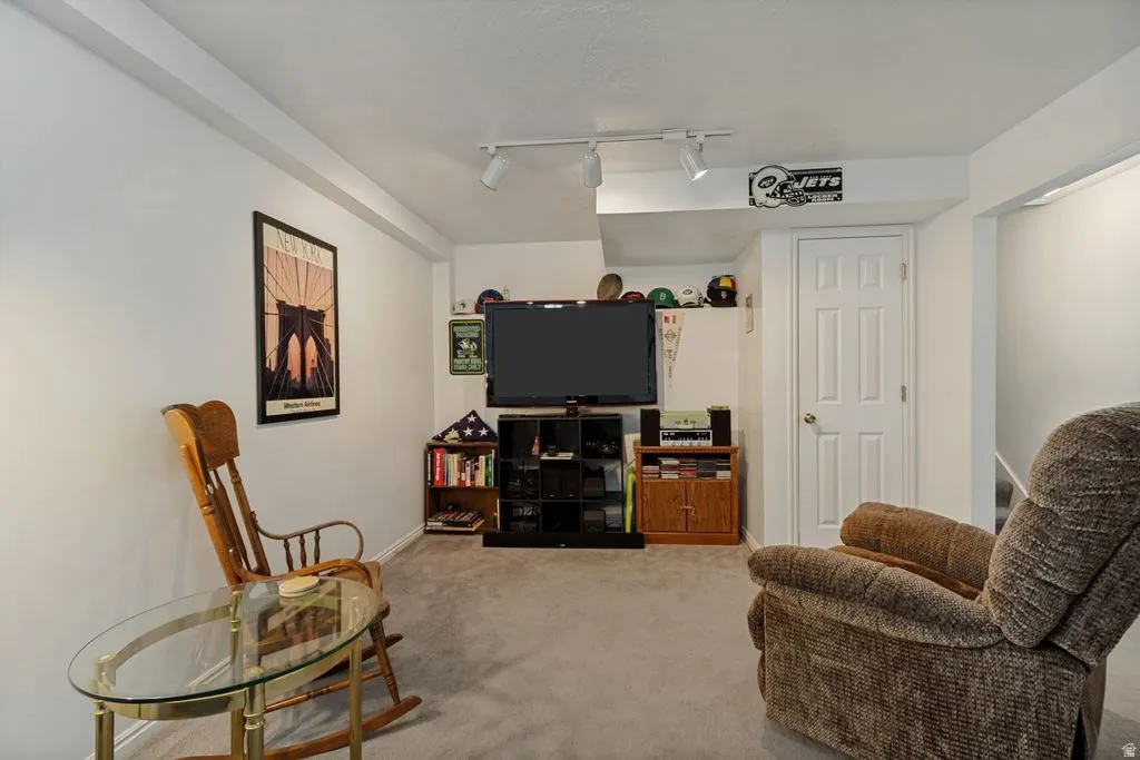 Recessed ceiling beams, track lighting, neutral wall paint, carpet flooring, and a paneled interior door