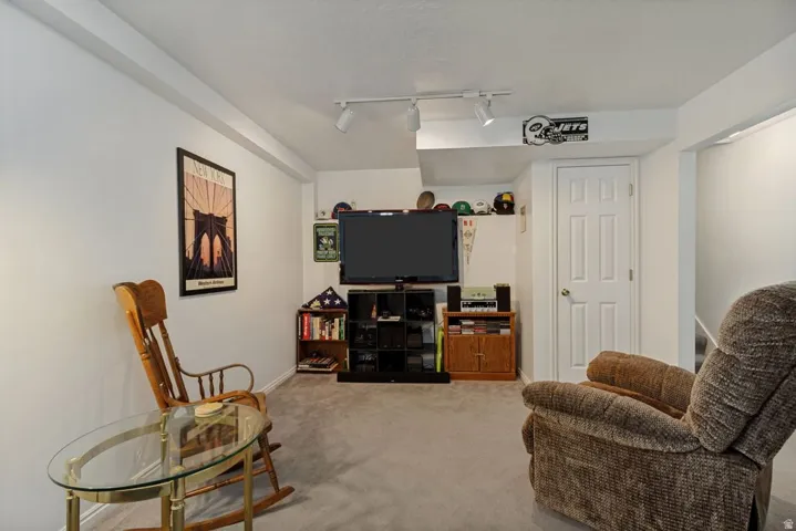 Recessed ceiling beams, track lighting, neutral wall paint, carpet flooring, and a paneled interior door