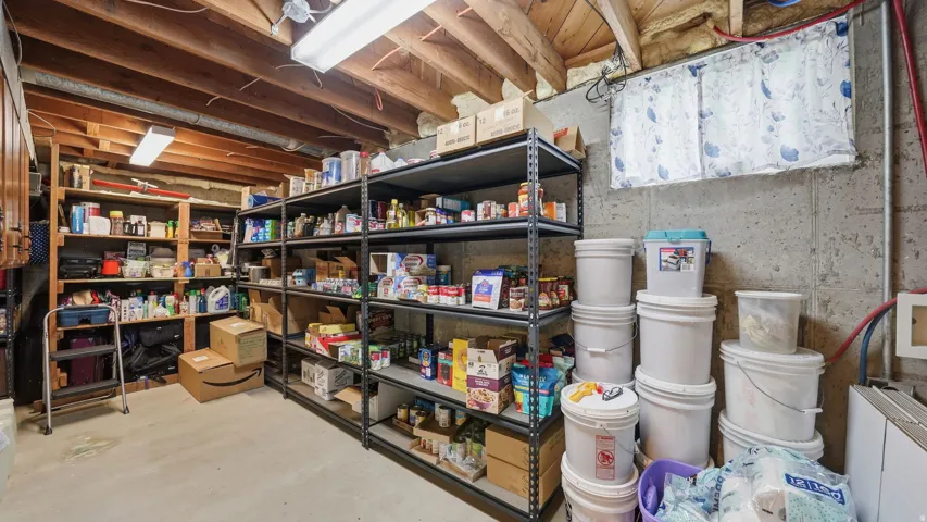 Versatile storage space featuring industrial-style metal shelving with multiple tiers