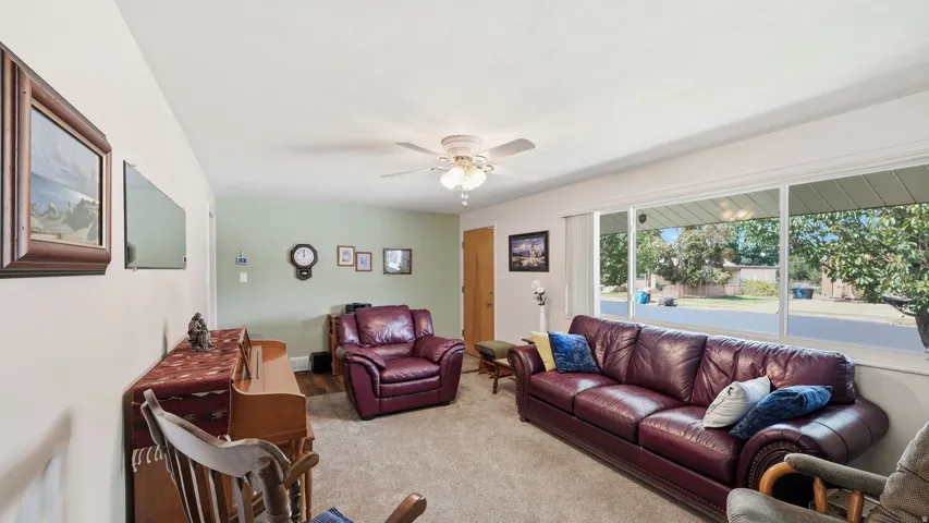 Expansive window opening to exterior, ceiling fan fixture, and wall-to-wall carpeting