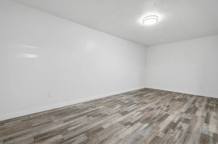 Wood-finish flooring, white walls, and a ceiling-mounted light fixture