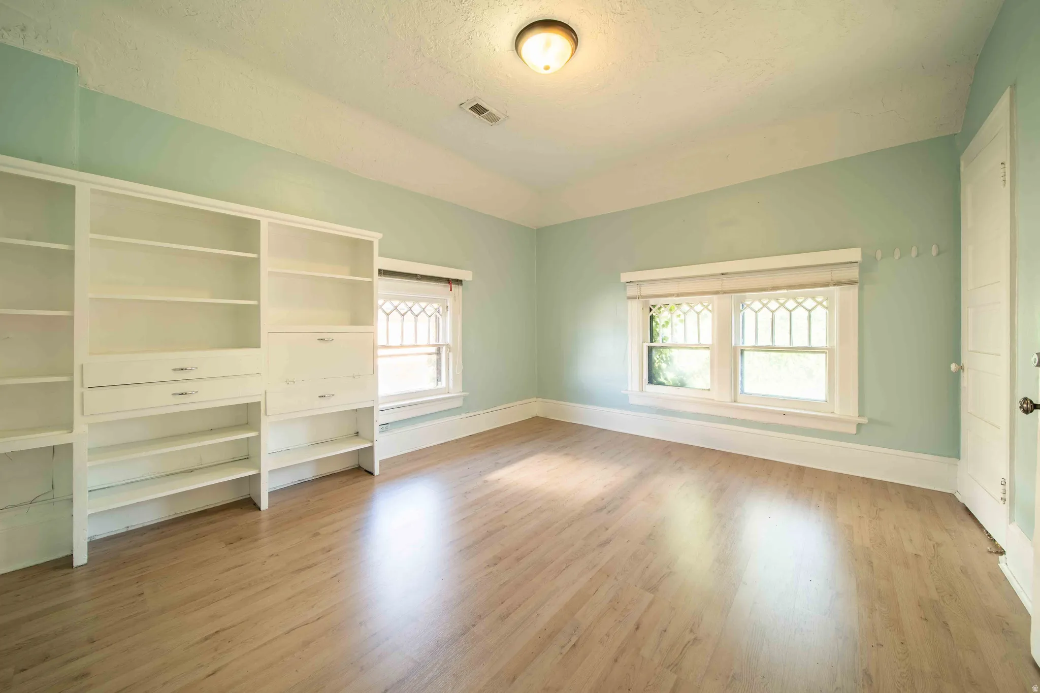 Light wood-finish flooring, built-in shelving, two windows, and a flush mount ceiling light