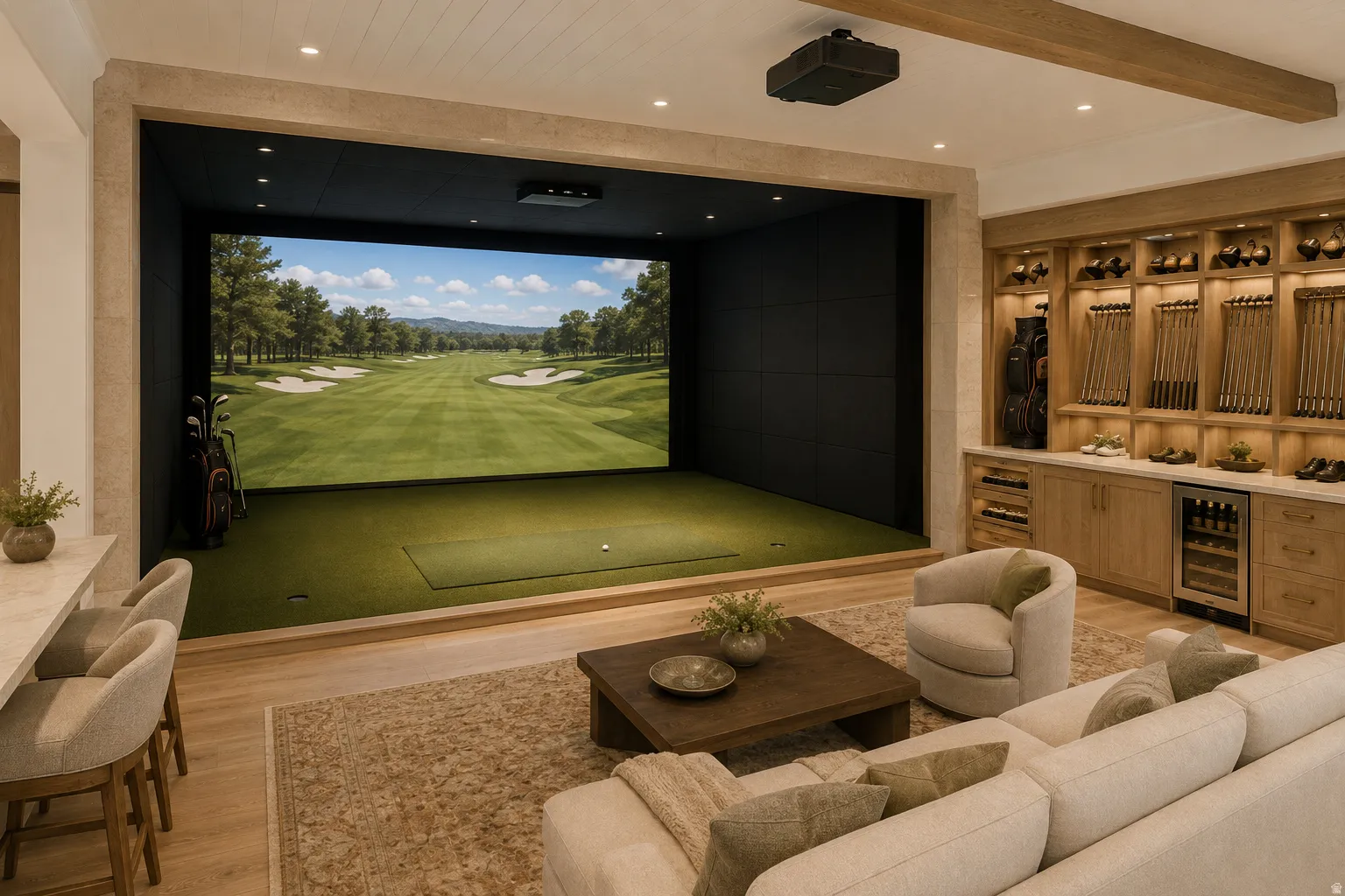 Golf simulator featuring a large projection screen and artificial turf