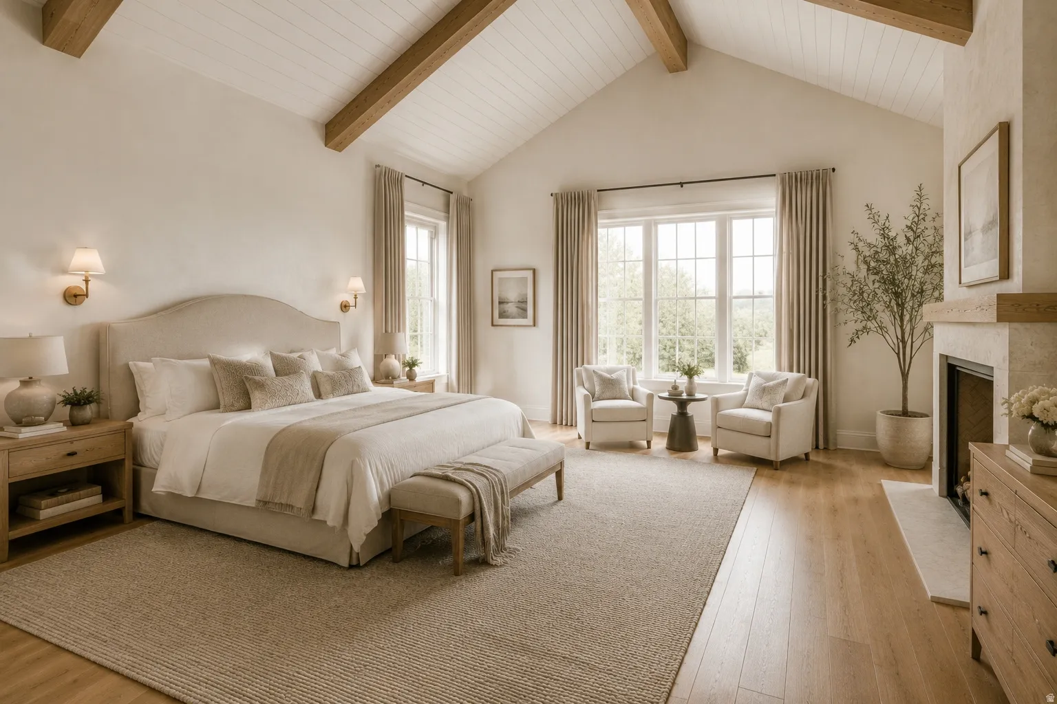 Vaulted ceiling with exposed wood beams, wood-finish flooring, built-in fireplace with stone surround, large windows, and wall sconces