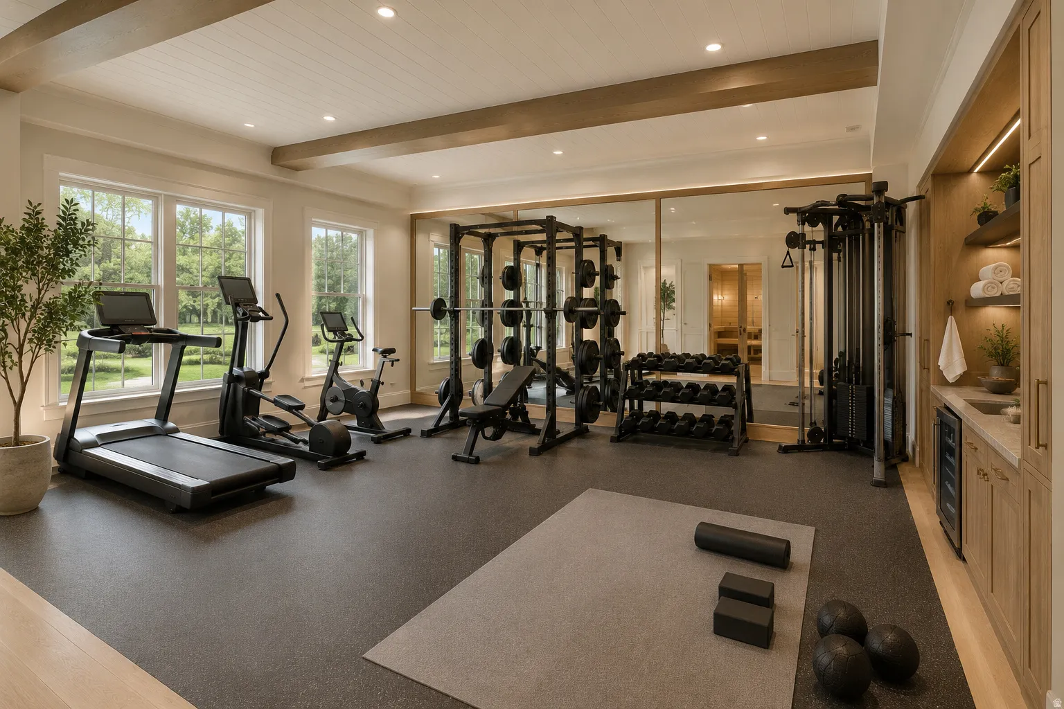 Spacious exercise room featuring large windows, exposed ceiling beams, recessed lighting, expansive mirrored wall, and built-in cabinetry with a beverage cooler