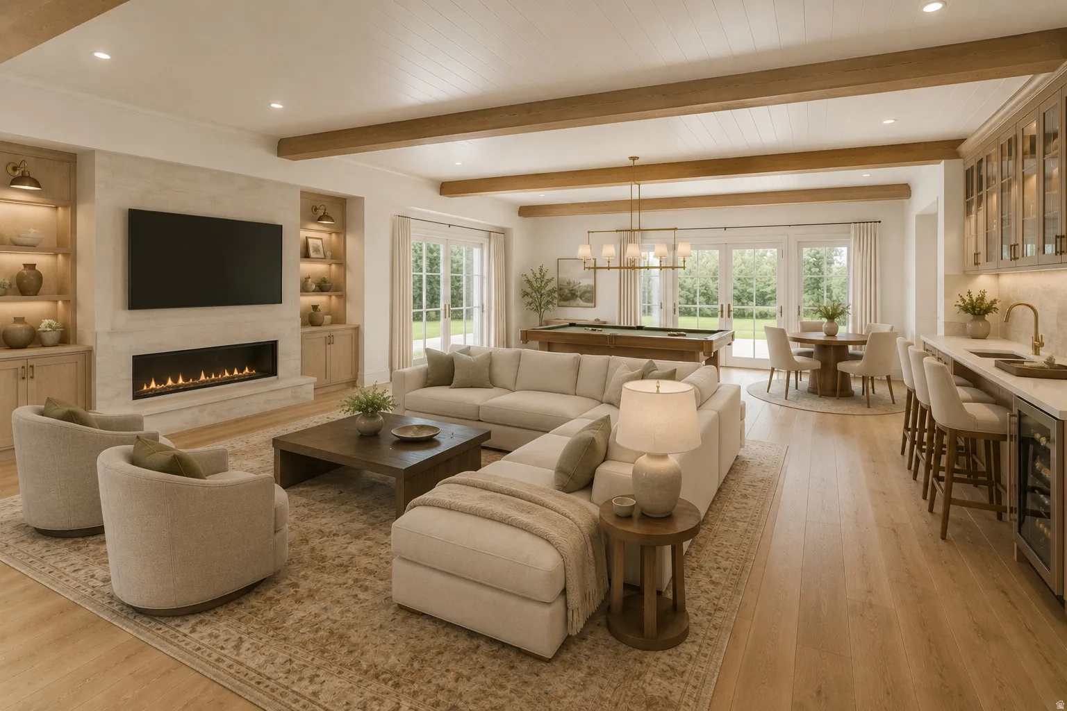 Wood-finish flooring throughout, featuring exposed ceiling beams and a built-in linear fireplace