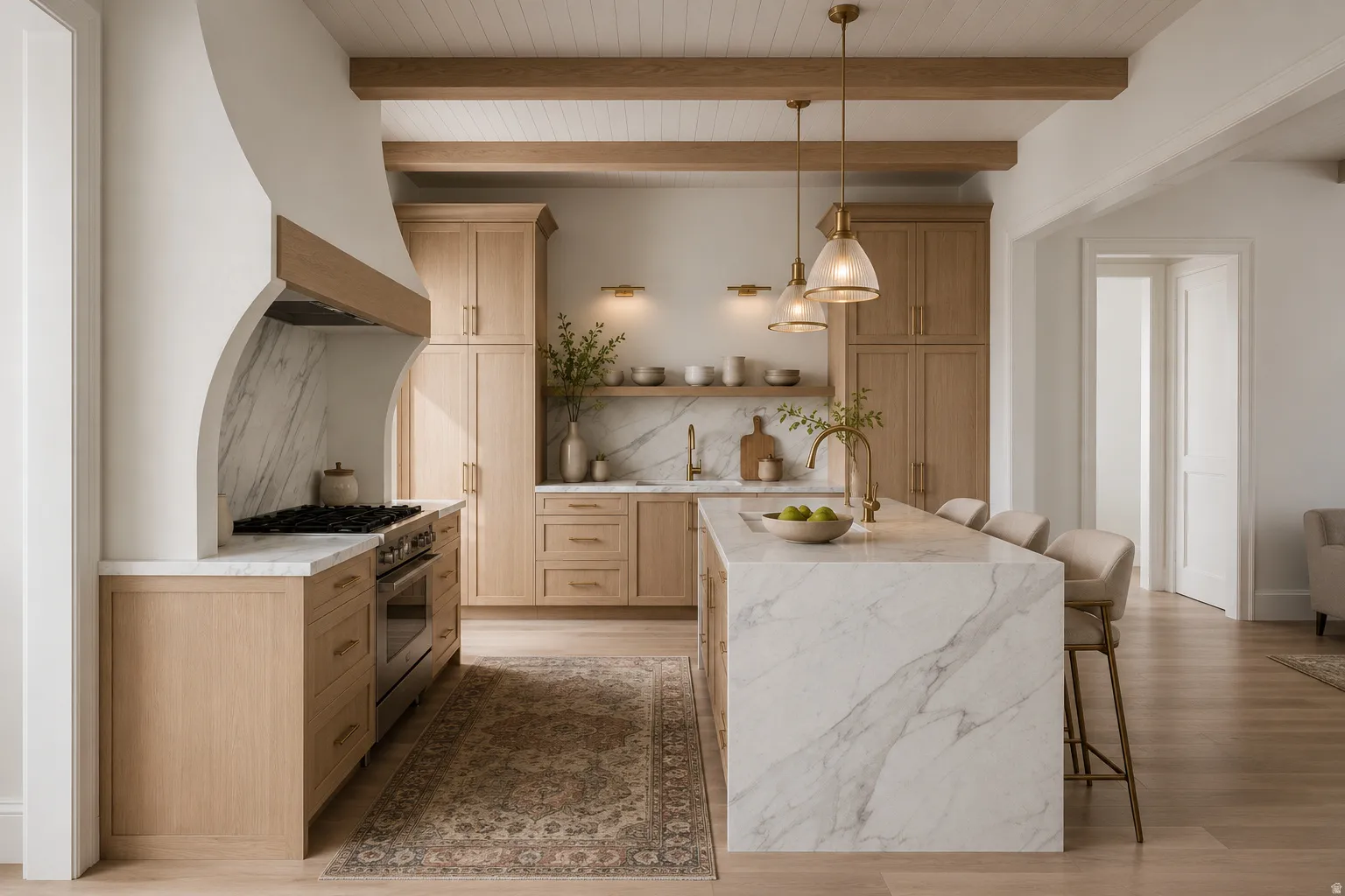 Custom range hood with marble backsplash, integrated stainless steel oven, wood-finish cabinetry, waterfall island with marble countertop, and wood beam ceiling