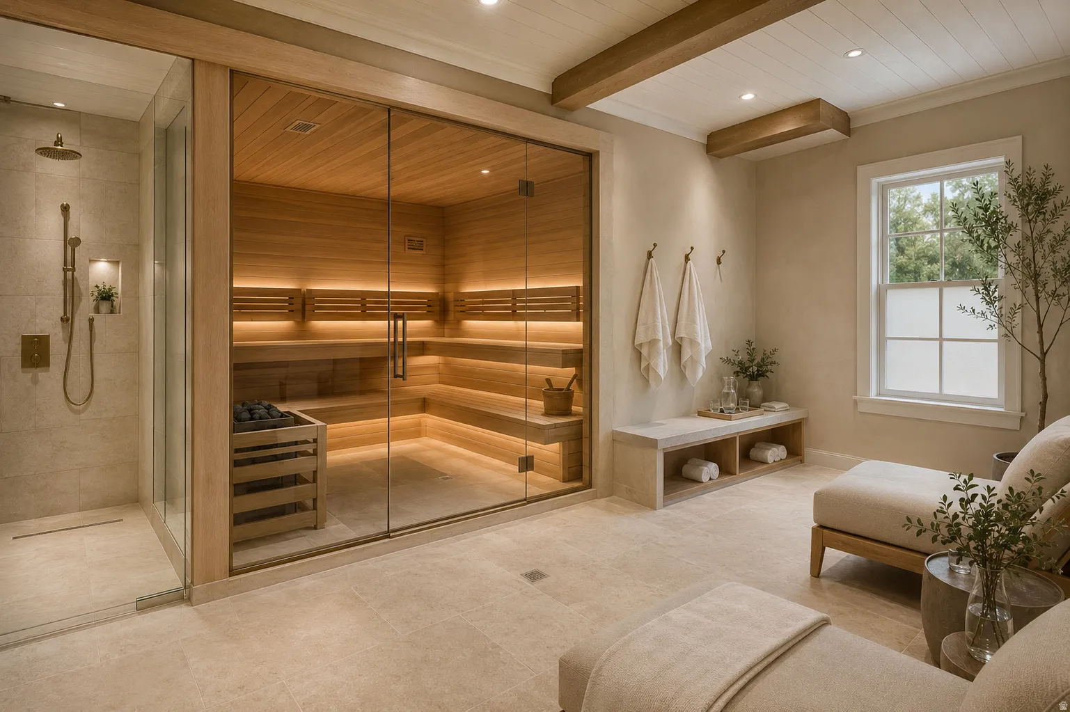 Full glass sauna enclosure, large format tile flooring, glass-enclosed shower with gold-toned fixtures, wood-paneled ceiling, and exposed wood beams