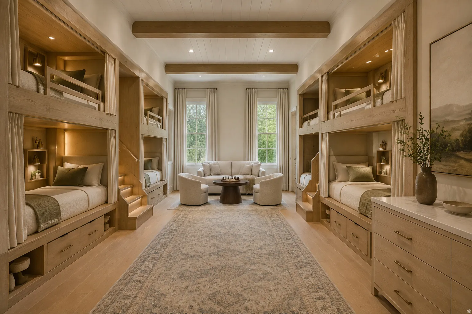 Custom built-in bunk beds with integrated storage, recessed lighting, wood-finish flooring, and exposed ceiling beams