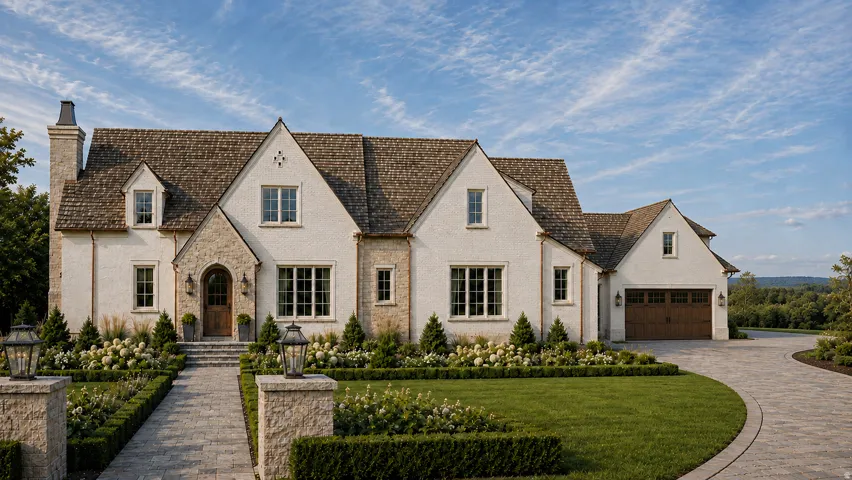 Stucco and stone exterior featuring a gabled roof, paver stone walkway, and a landscaped entry with mature plantings