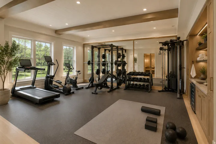Spacious exercise room featuring large windows, exposed ceiling beams, recessed lighting, expansive mirrored wall, and built-in cabinetry with a beverage cooler