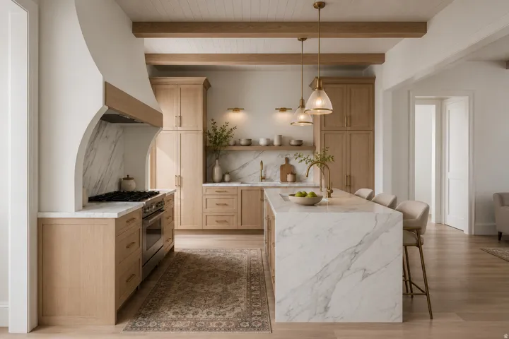 Custom range hood with marble backsplash, integrated stainless steel oven, wood-finish cabinetry, waterfall island with marble countertop, and wood beam ceiling
