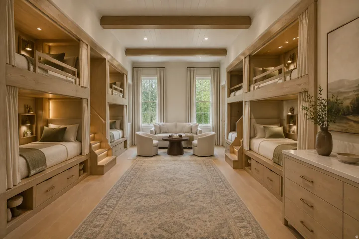 Custom built-in bunk beds with integrated storage, recessed lighting, wood-finish flooring, and exposed ceiling beams