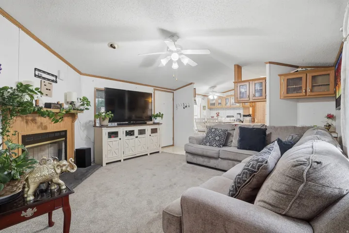 Carpeted living area with a built-in fireplace, ceiling fan, and access to the kitchen featuring wood-finish cabinetry