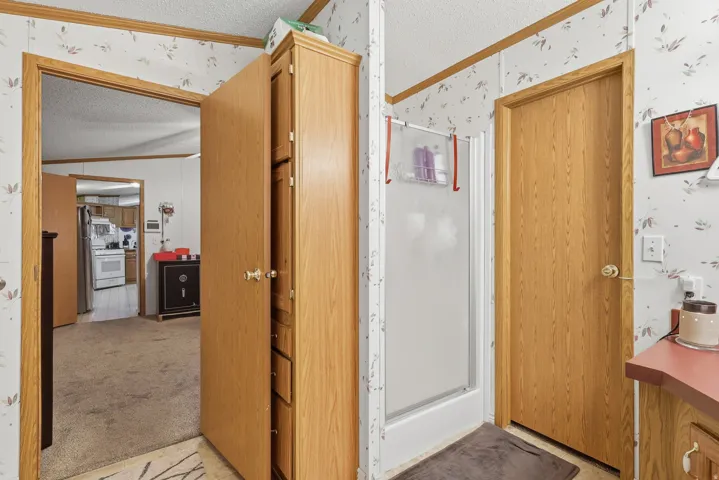 Shower stall with frosted glass, wood-finish doors, and built-in wood-finish cabinetry