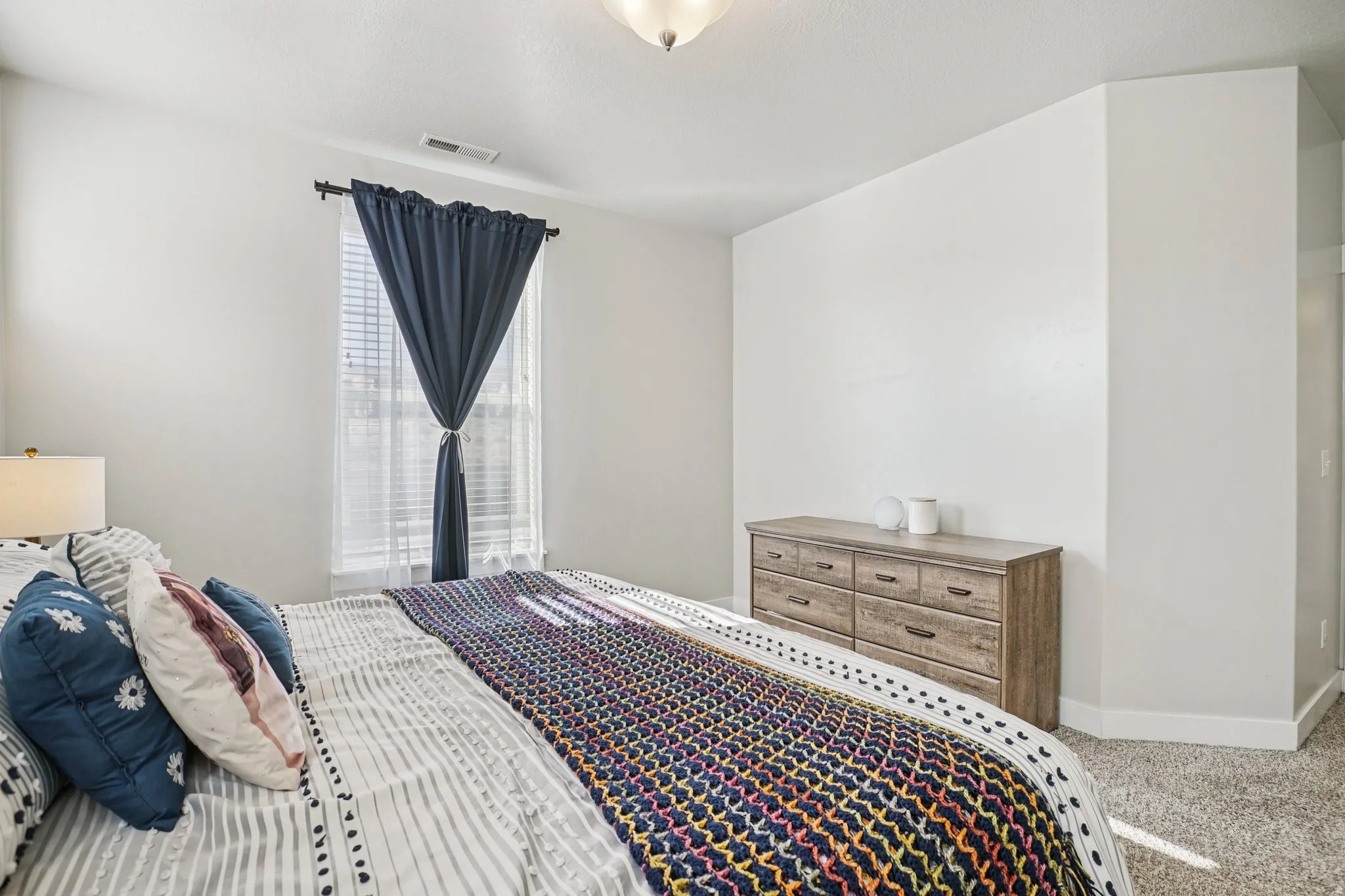 Neutral wall finishes, recessed window with blinds, ceiling-mounted light fixture, and carpeted flooring
