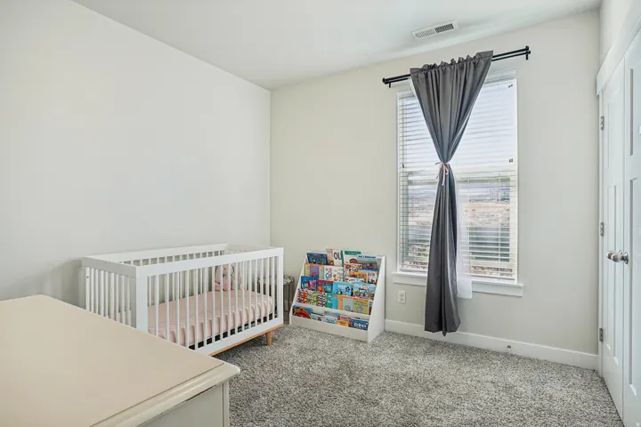 Carpeted room featuring a double-pane window with blinds and a flat-panel door