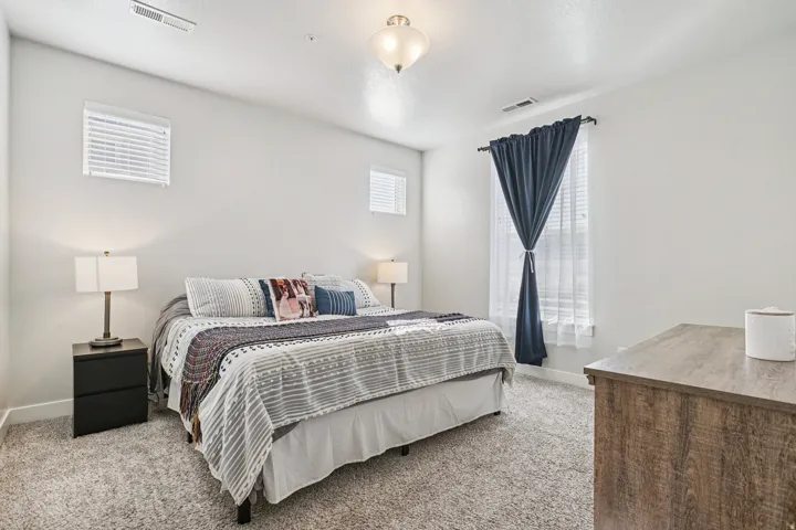 Neutral wall paint, plush carpet flooring, multiple windows with blinds, and an overhead flush-mount light fixture