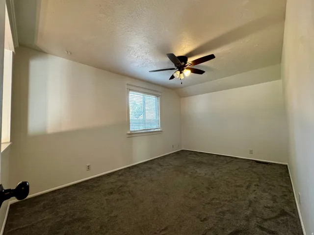 Neutral wall paint, ceiling-mounted light fixture, window with blinds, dark carpet flooring, and white trim